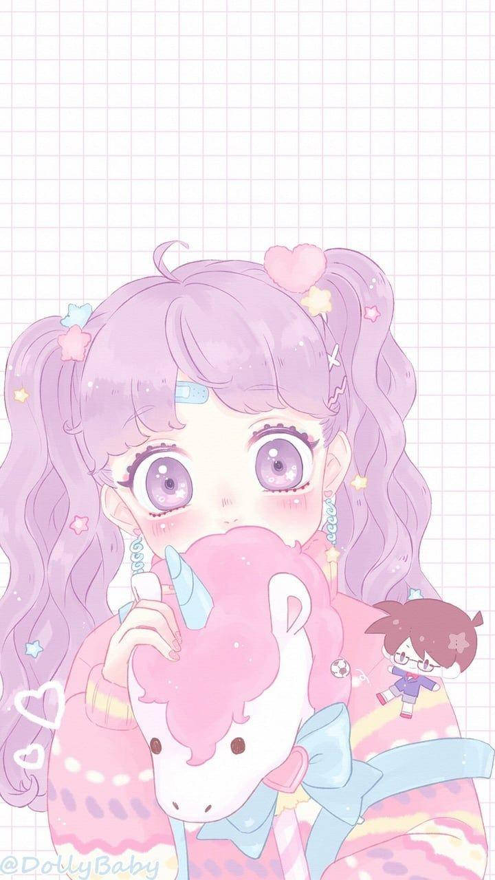 Cô gái anime dễ thương với thú nhồi bông kỳ lân Hình nền