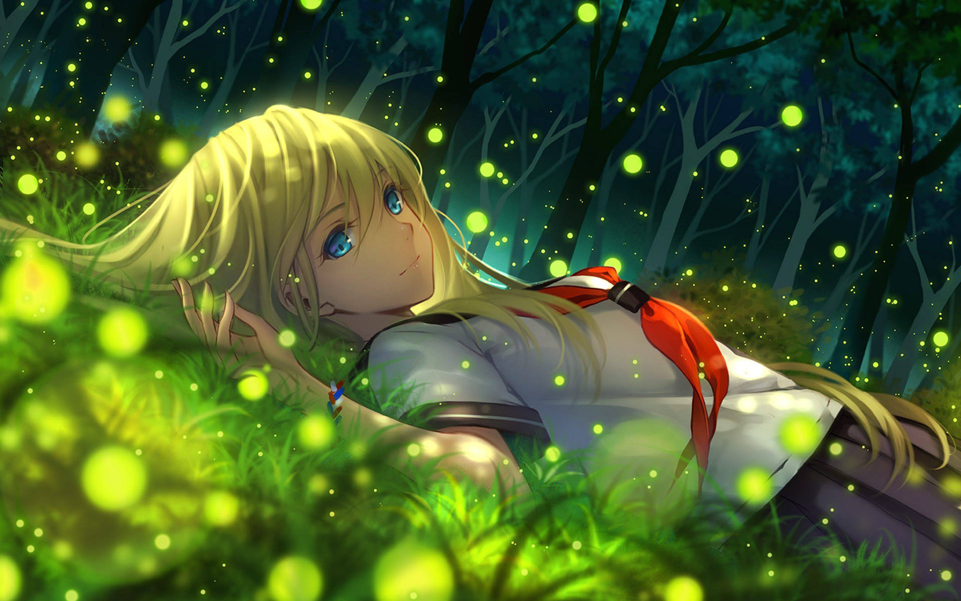 Hình nền cô gái anime nằm trên cỏ với những vòng tròn phát sáng bay lên