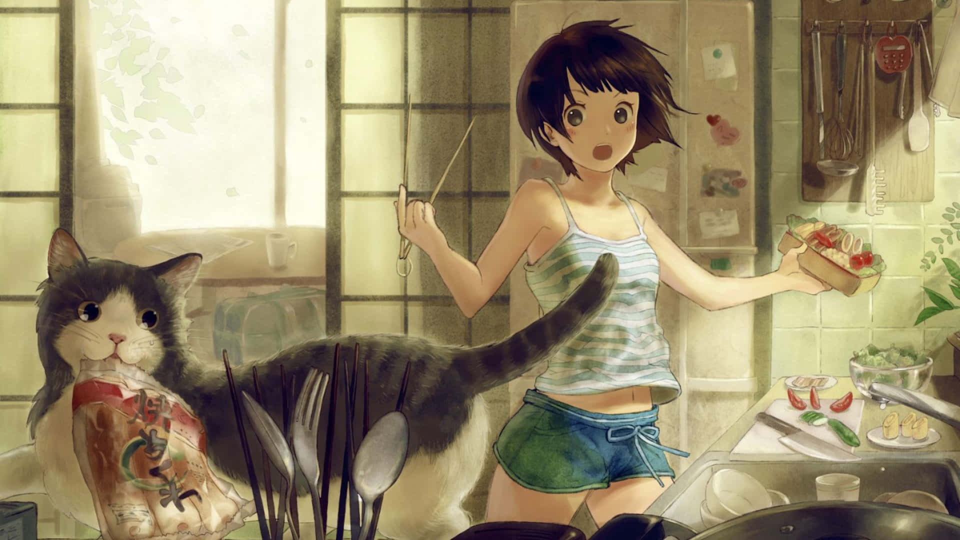 Cô gái anime giật mình 1920x1080 phông nền bếp Hình nền