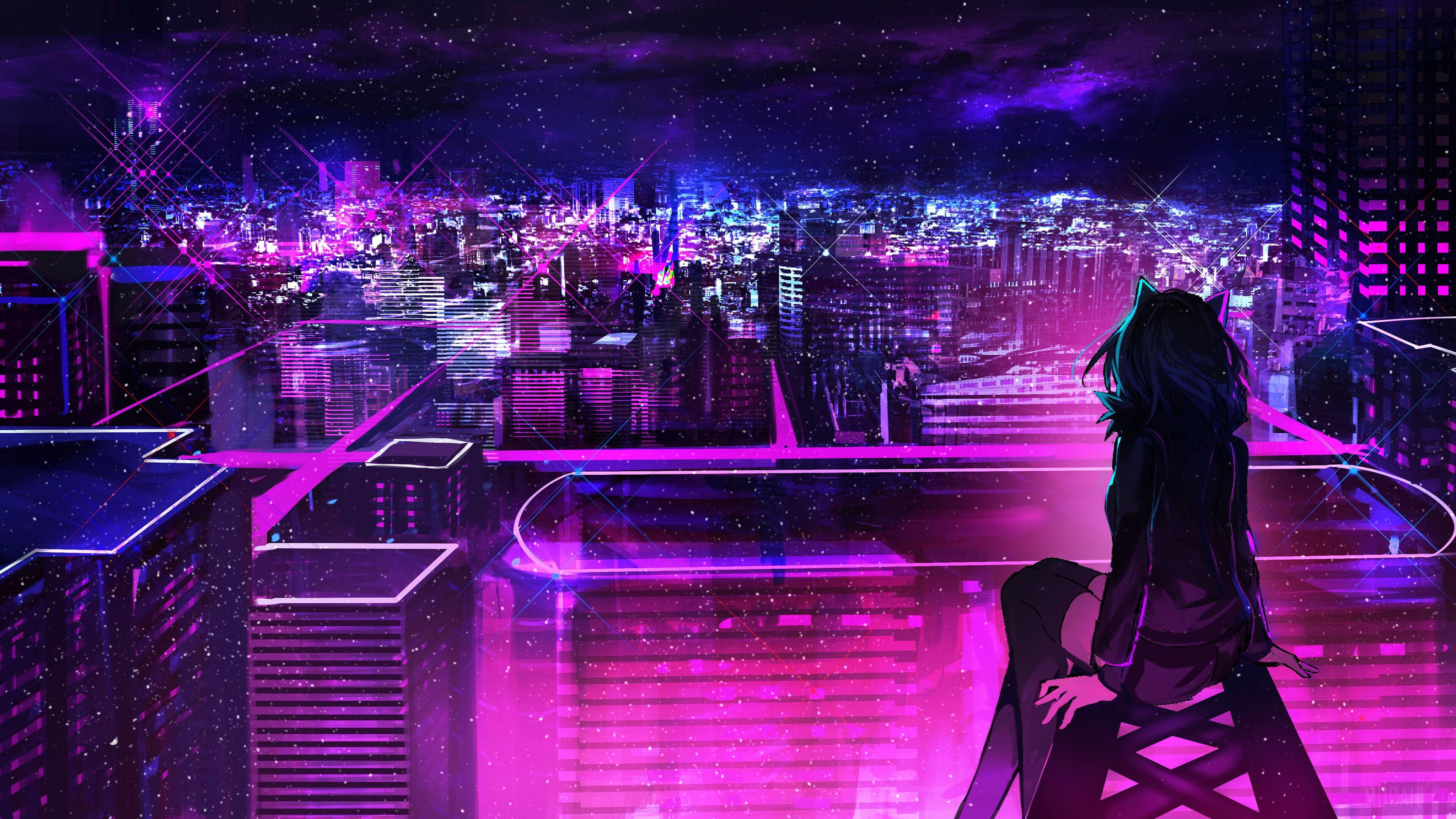 Cô gái anime hoạt hình thành phố tím neon Hình nền