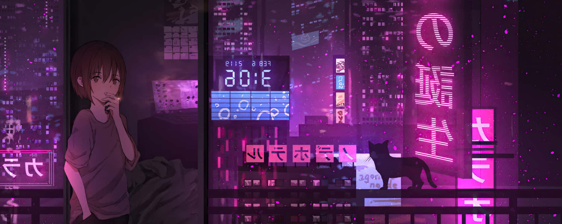 Cô gái anime hút thuốc trên màn hình kép với ánh đèn thành phố cyberpunk