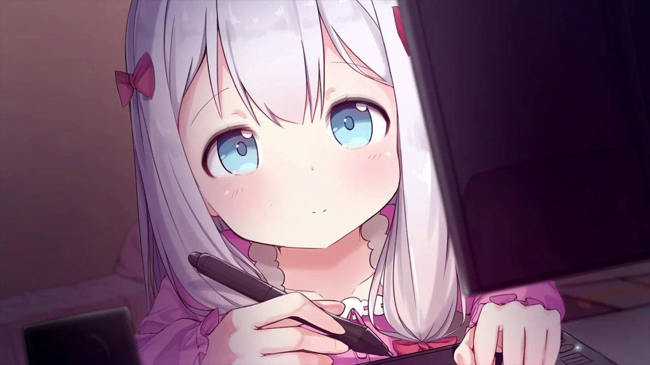 Hình nền cô gái anime dễ thương Izumi Sagiri đang viết gì đó khi nhìn vào máy tính xách tay