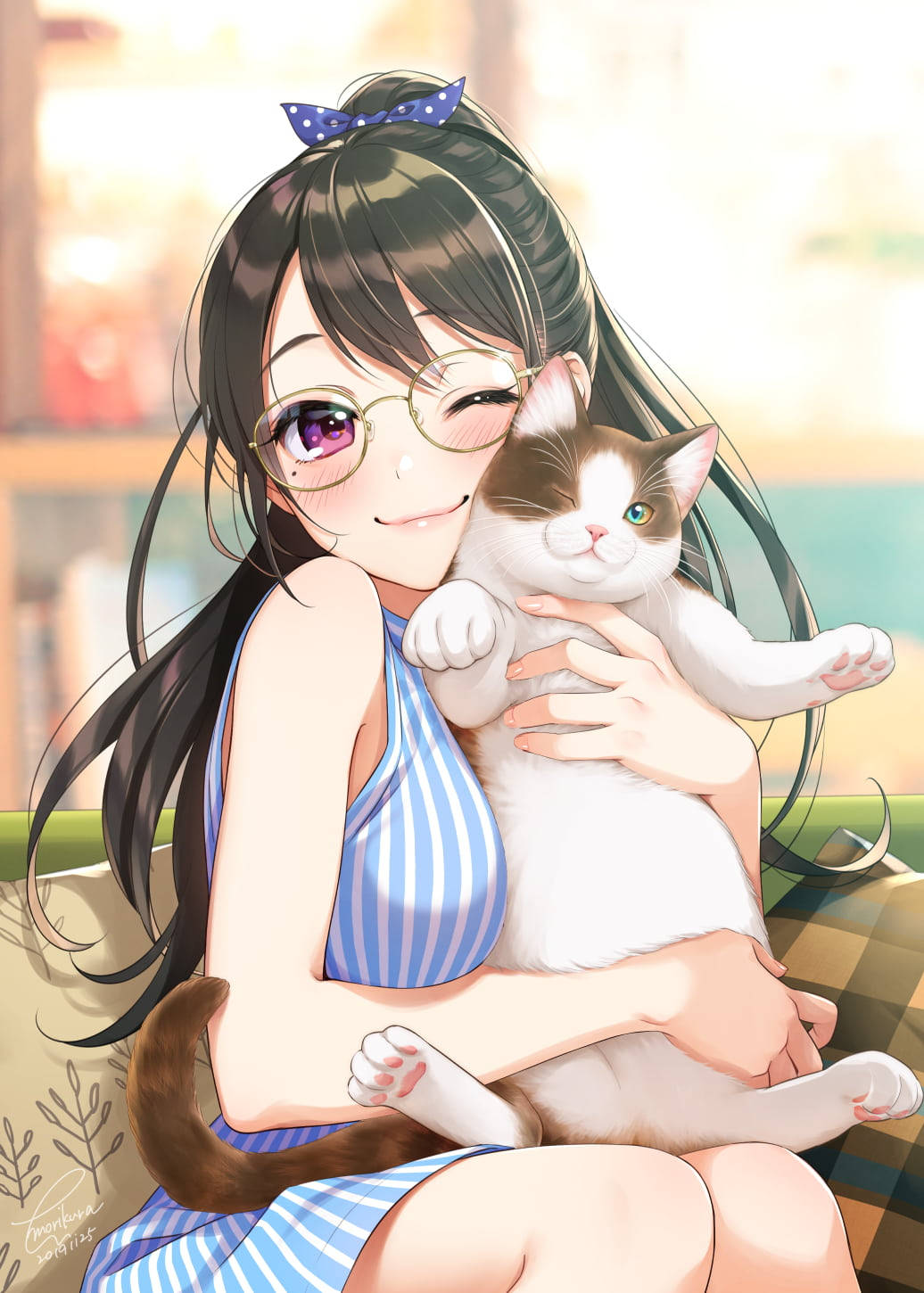Cô gái anime kawaii dễ thương và chú mèo Hình nền