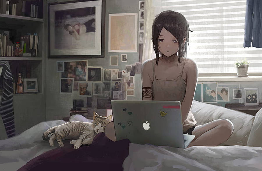 Cô gái anime làm việc với laptop trên giường Hình nền