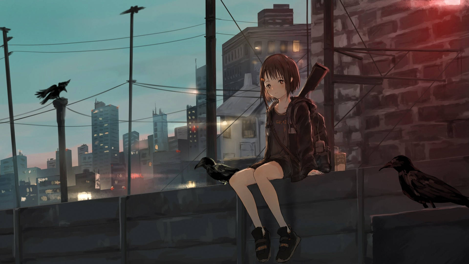 Cô Gái Anime Mặc Áo Hoodie Trên Phố Hình nền