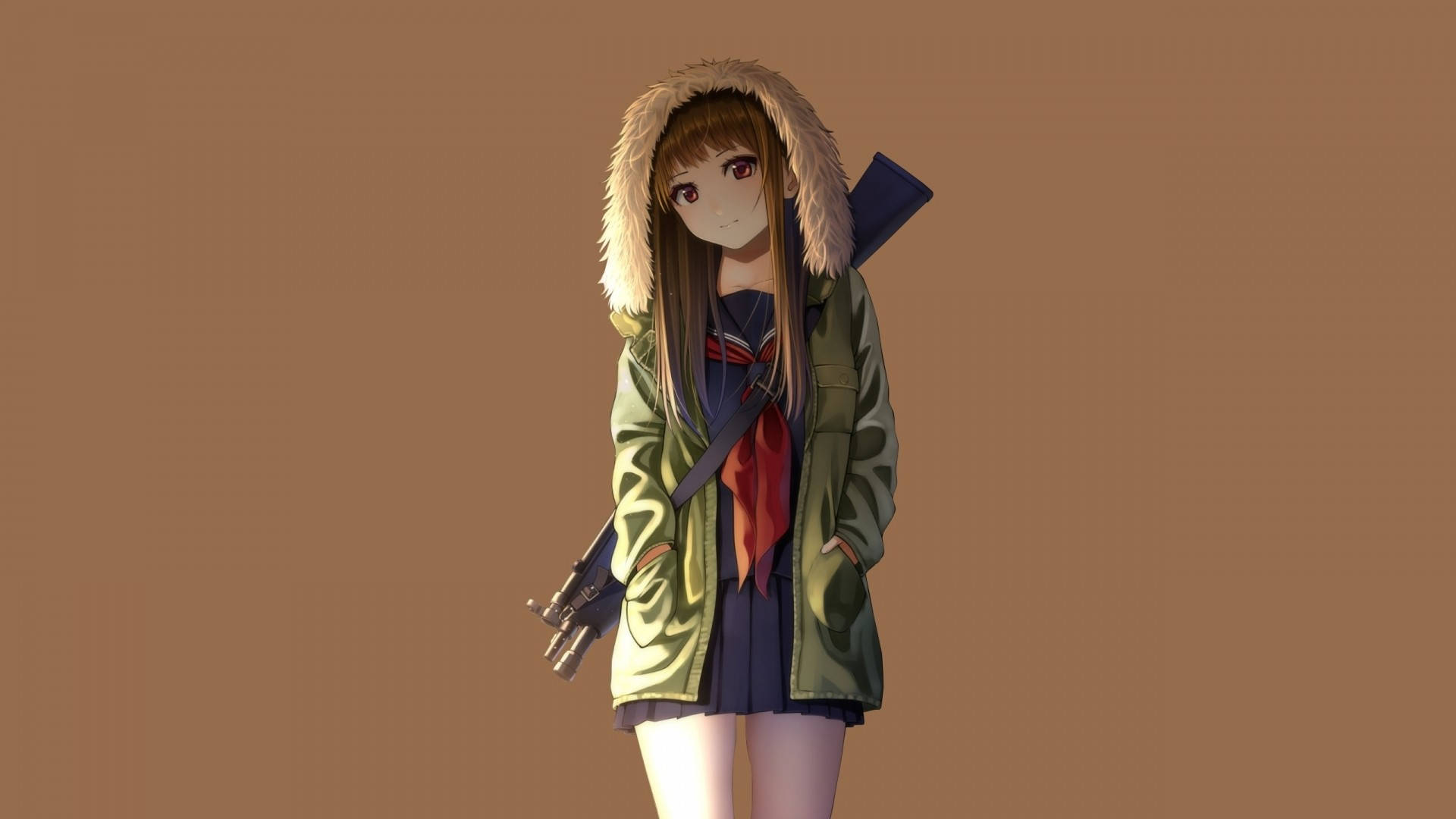 Cô gái anime mặc hoodie cầm súng Hình nền