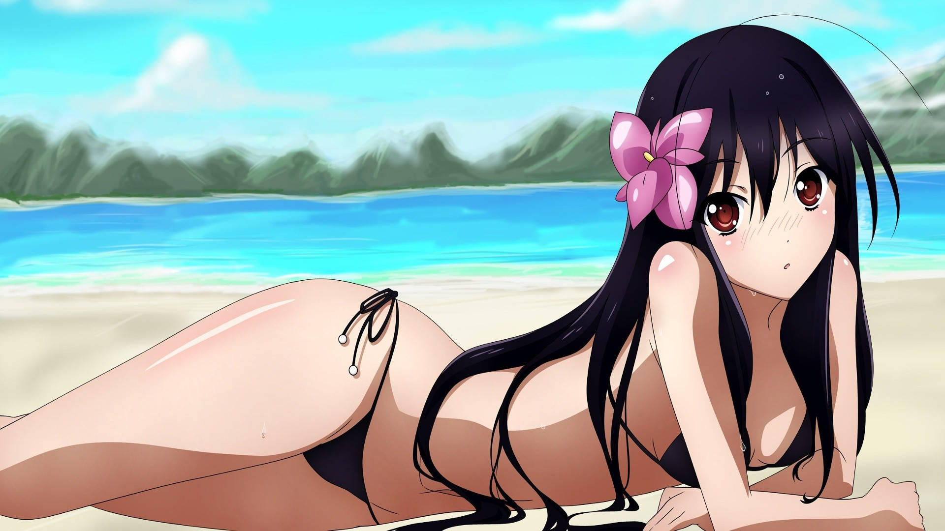 Cô gái anime mặc bikini trên bãi biển Hình nền