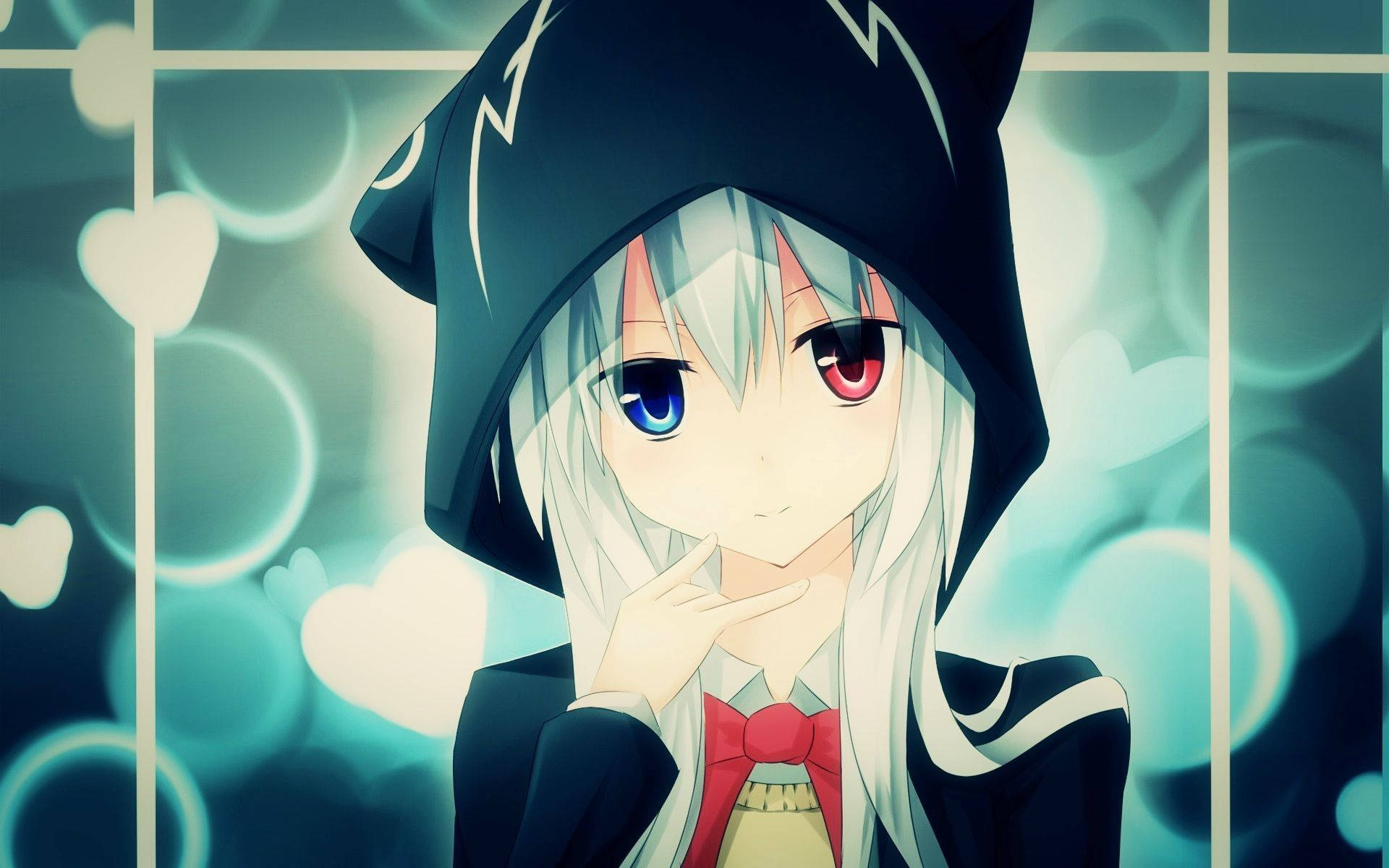 Cô gái anime mắt đỏ xanh mặc áo hoodie Hình nền