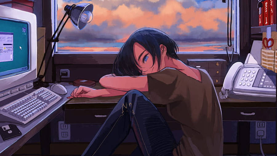 Cô gái Anime mệt mỏi trước máy tính Hình nền