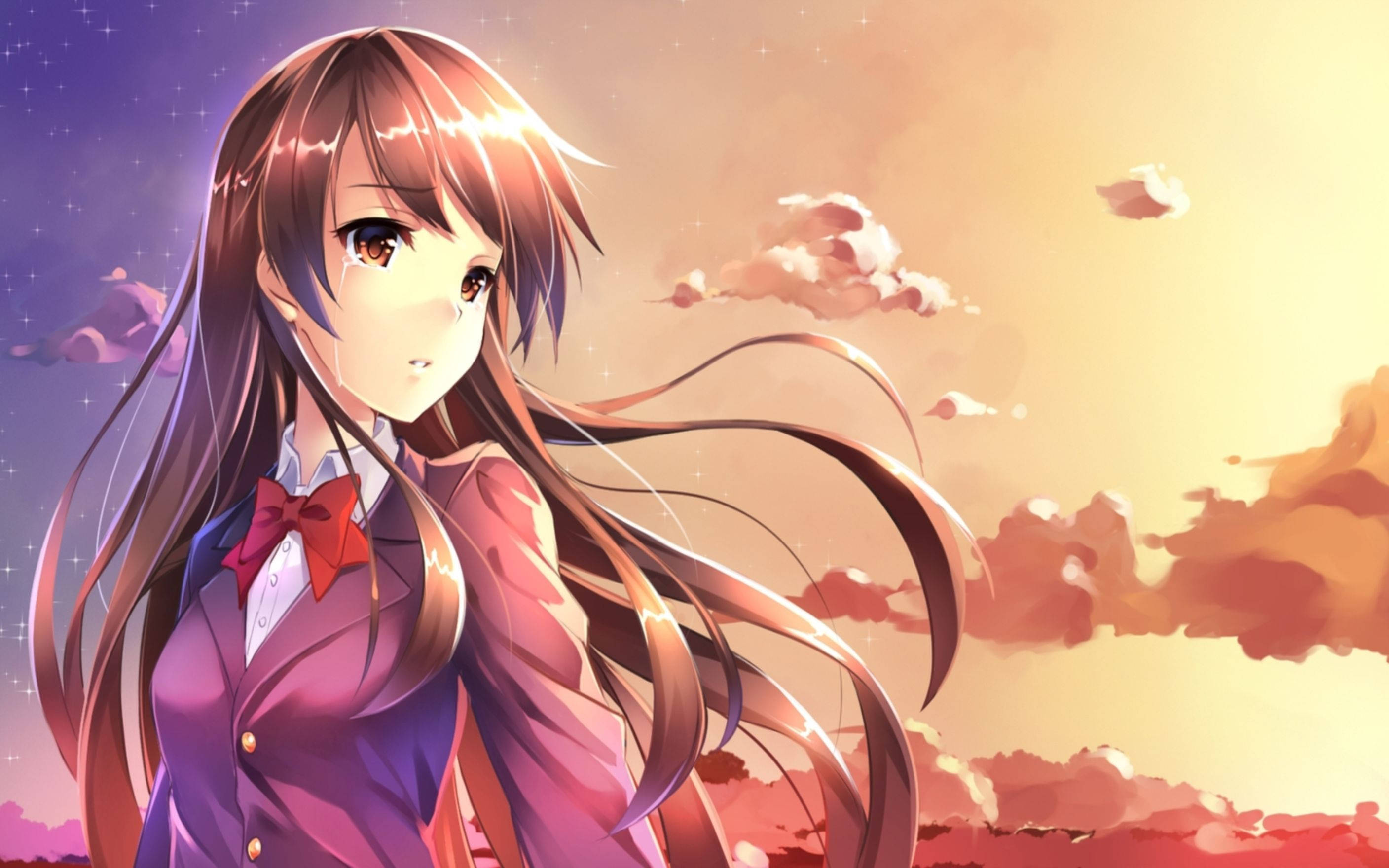 Cô gái anime này đang khóc dưới hoàng hôn tuyệt đẹp, nỗi buồn của cô được xoa dịu bởi sự yên bình của buổi tối. Hình nền