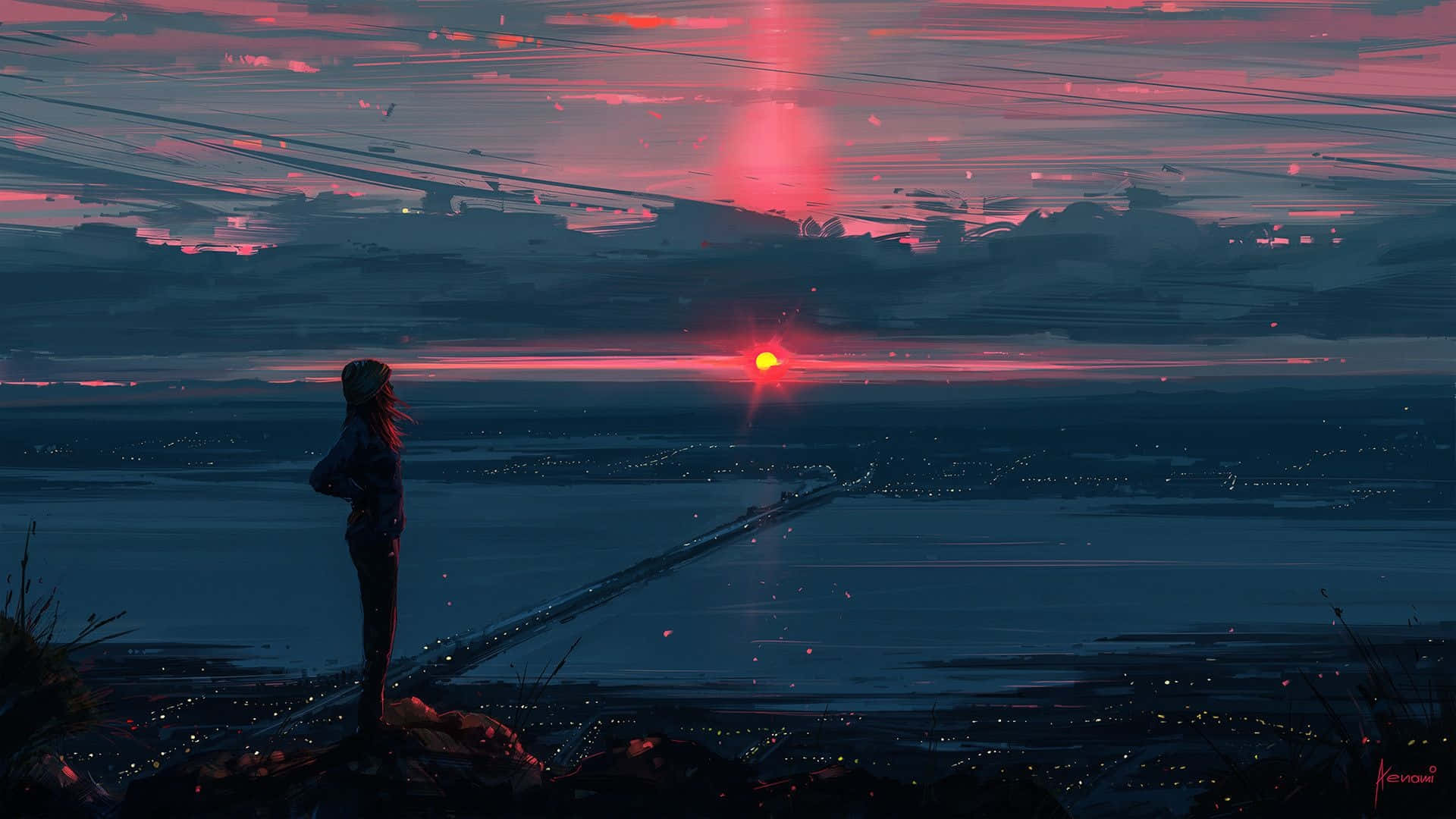 Cô gái Anime ngắm thành phố hoàng hôn từ vách đá