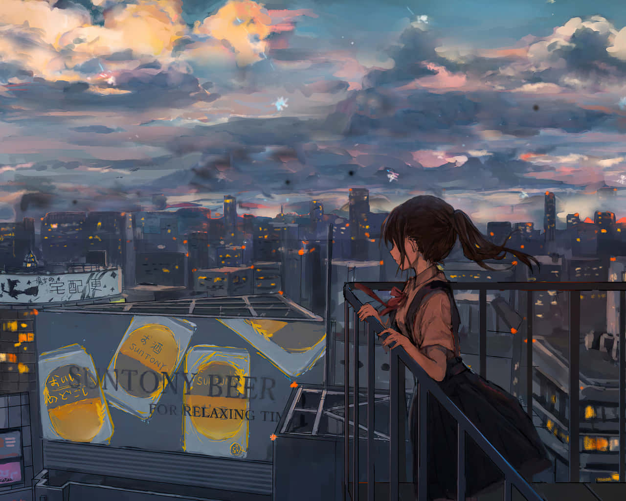 Cô gái anime ngắm cảnh thành phố Hình nền