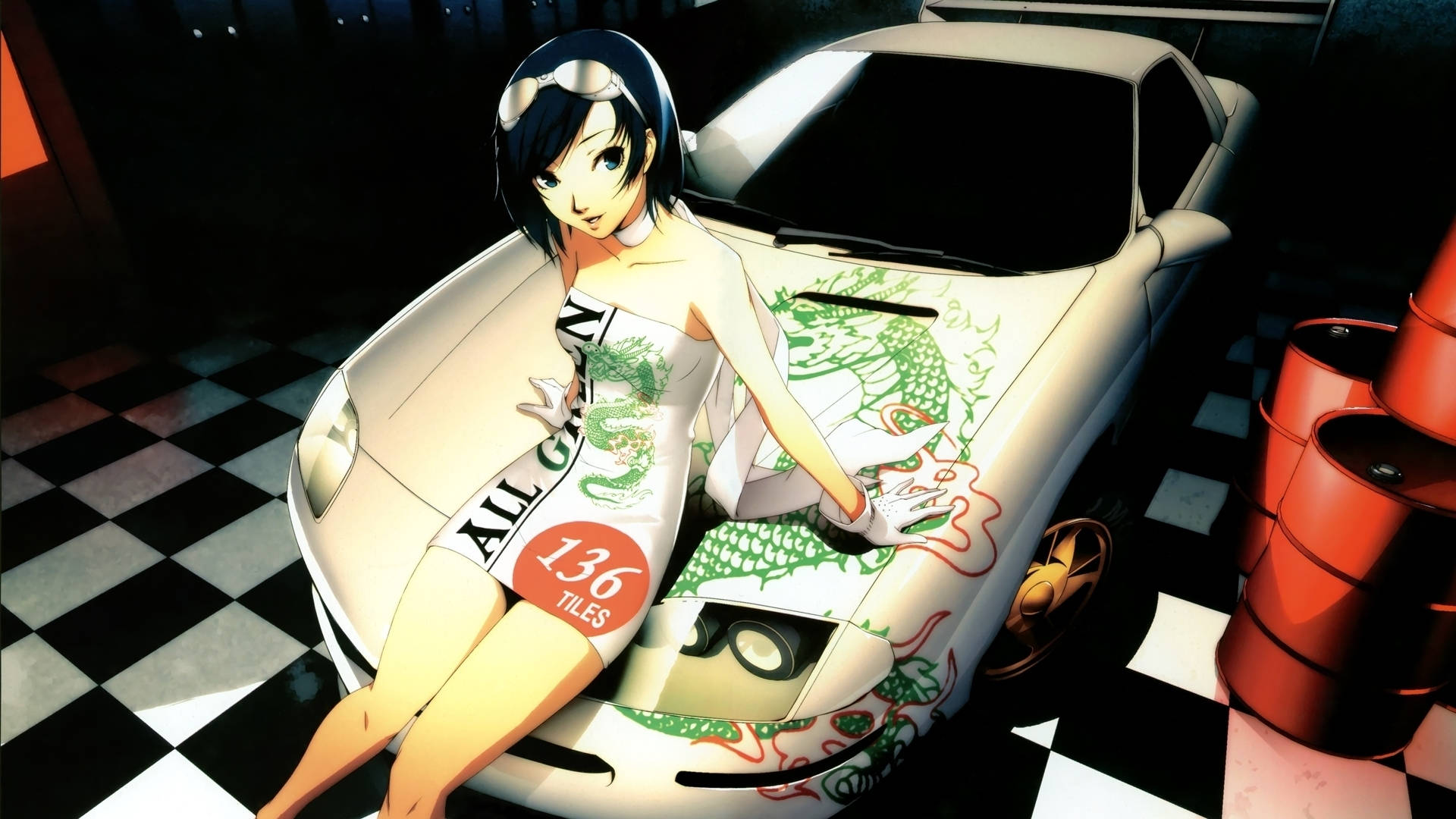 Cô gái anime ngồi trên nắp capo ô tô Hình nền