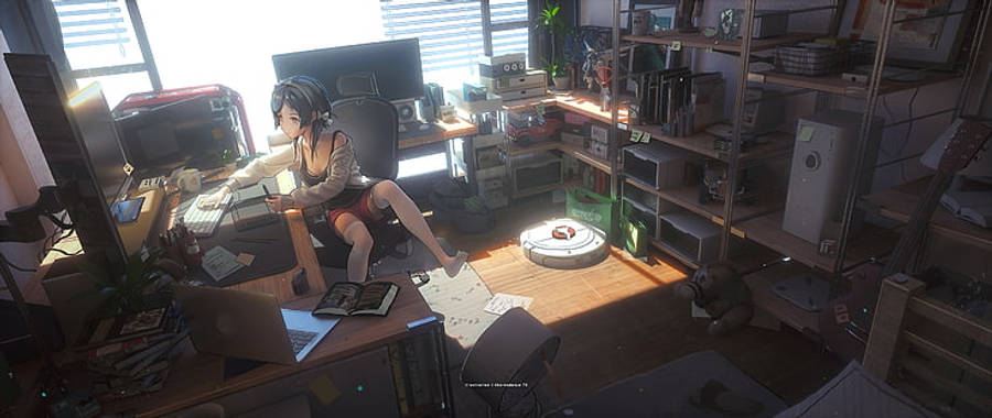 Cô gái Anime ngồi thoải mái làm việc trên laptop Hình nền