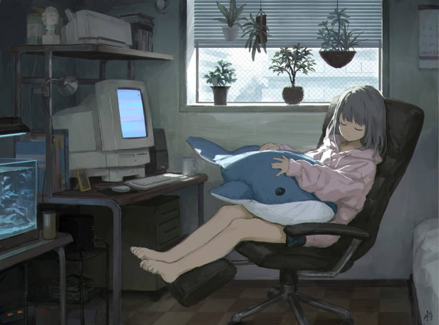 Cô gái anime ngủ gục trước laptop Hình nền