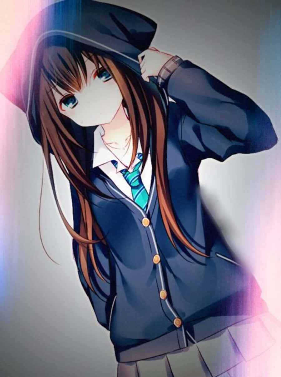 Cô gái anime nguyên bản trong áo hoodie hồng Hình nền