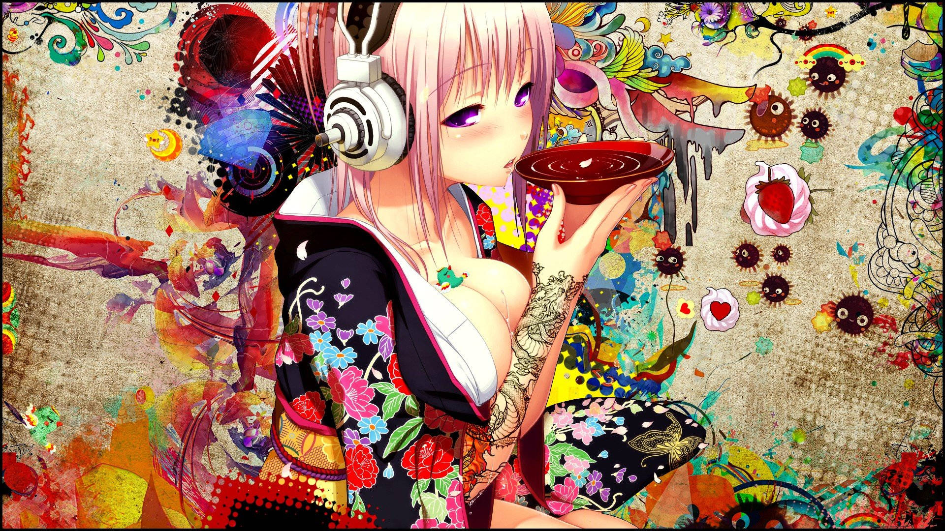 Cô gái anime ngực lớn uống rượu sake Hình nền