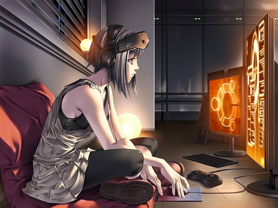 Cô gái anime nhìn gần màn hình laptop Hình nền