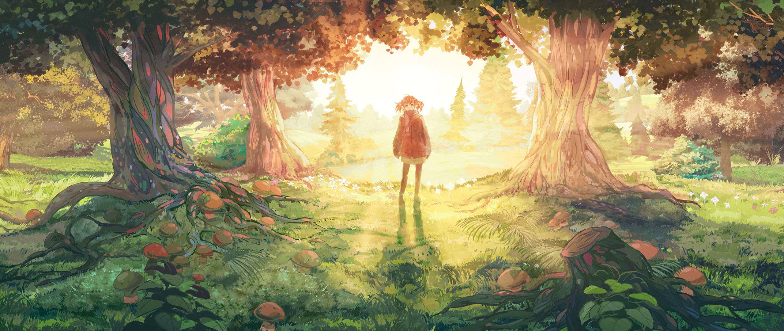 Cô gái anime tận hưởng sự yên bình của khu rừng Hình nền