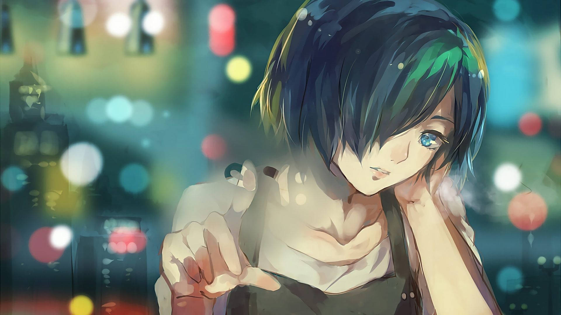 Hình nền cô gái anime tóc đen ngắn chạm vào cửa sổ kính