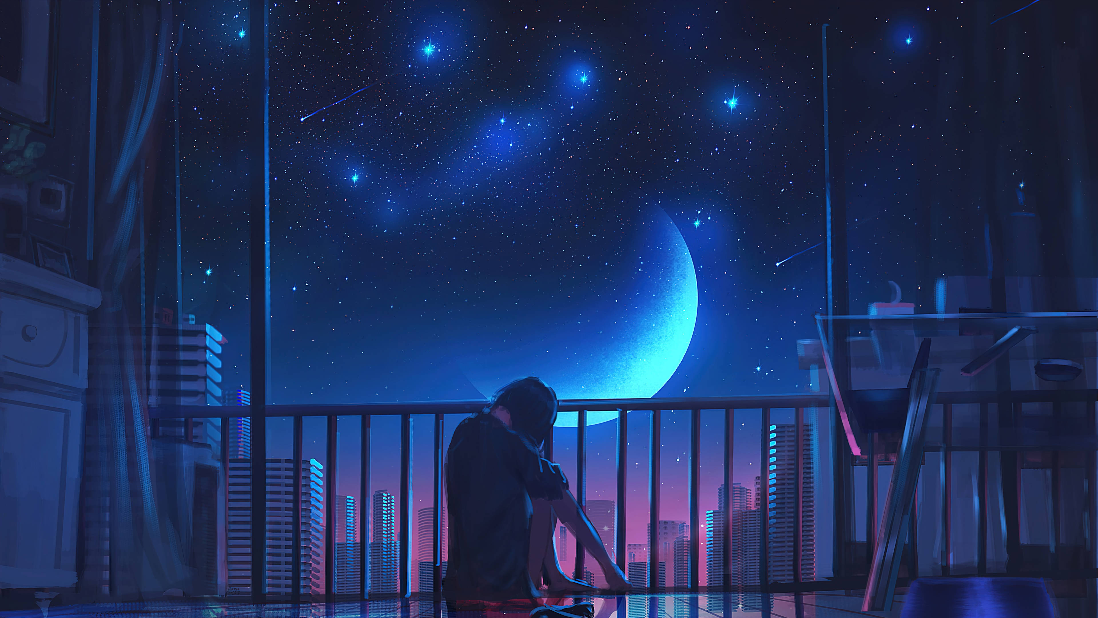 Cô gái Anime trên ban công ngắm trăng 4K Hình nền