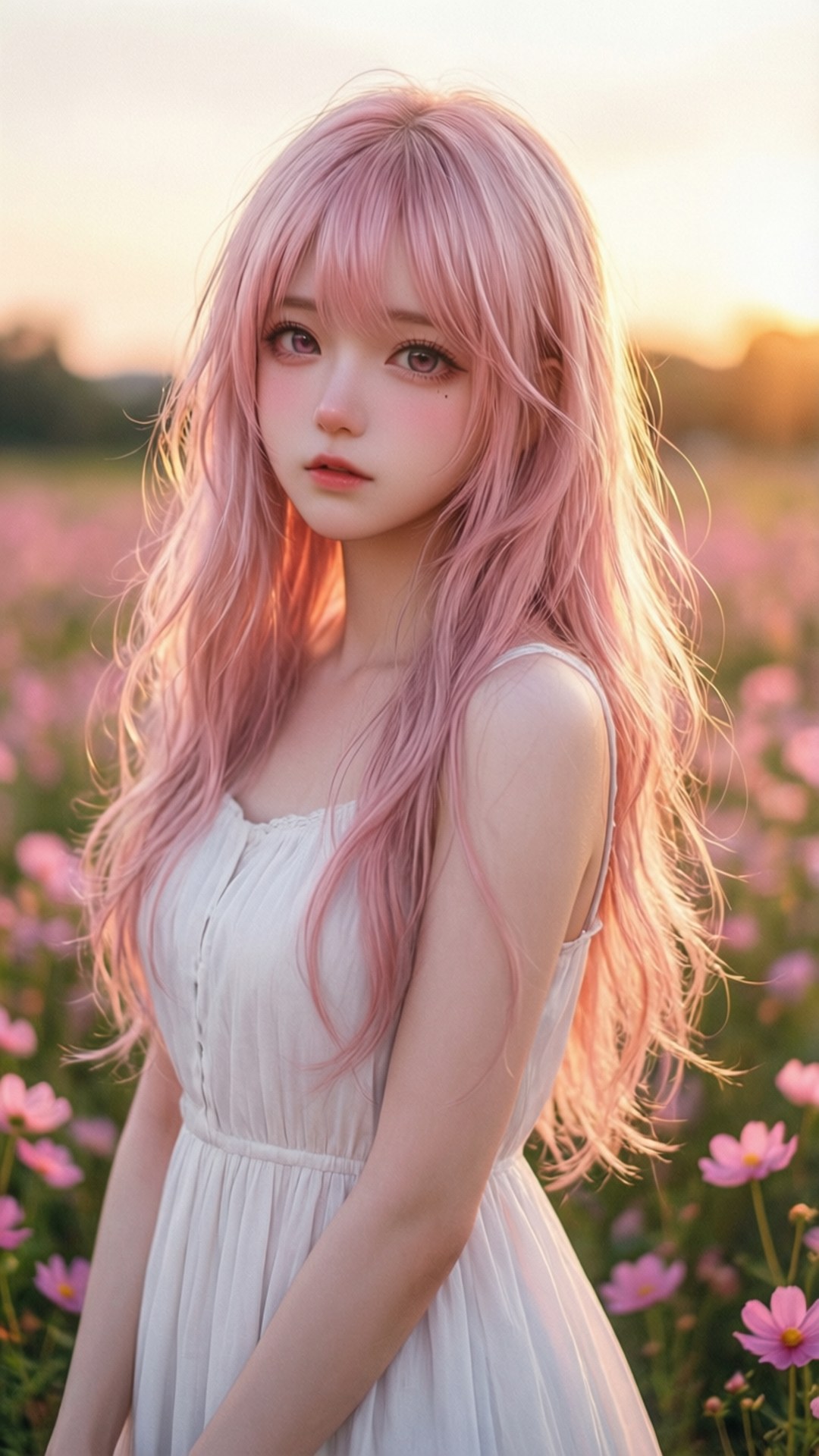 Cô gái anime trong cánh đồng hồng Hình nền