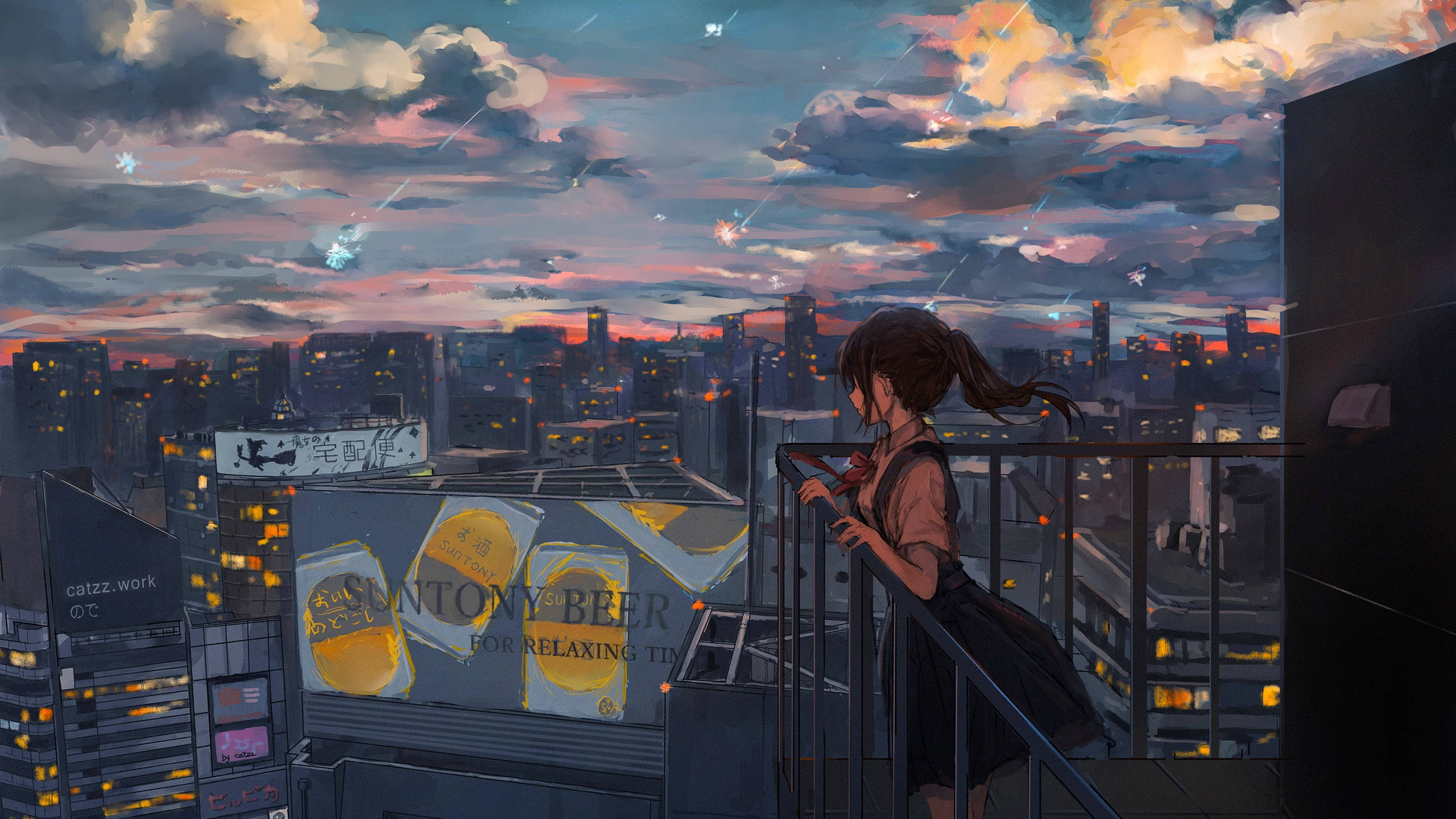 Cô gái anime u sầu trên ban công Hình nền