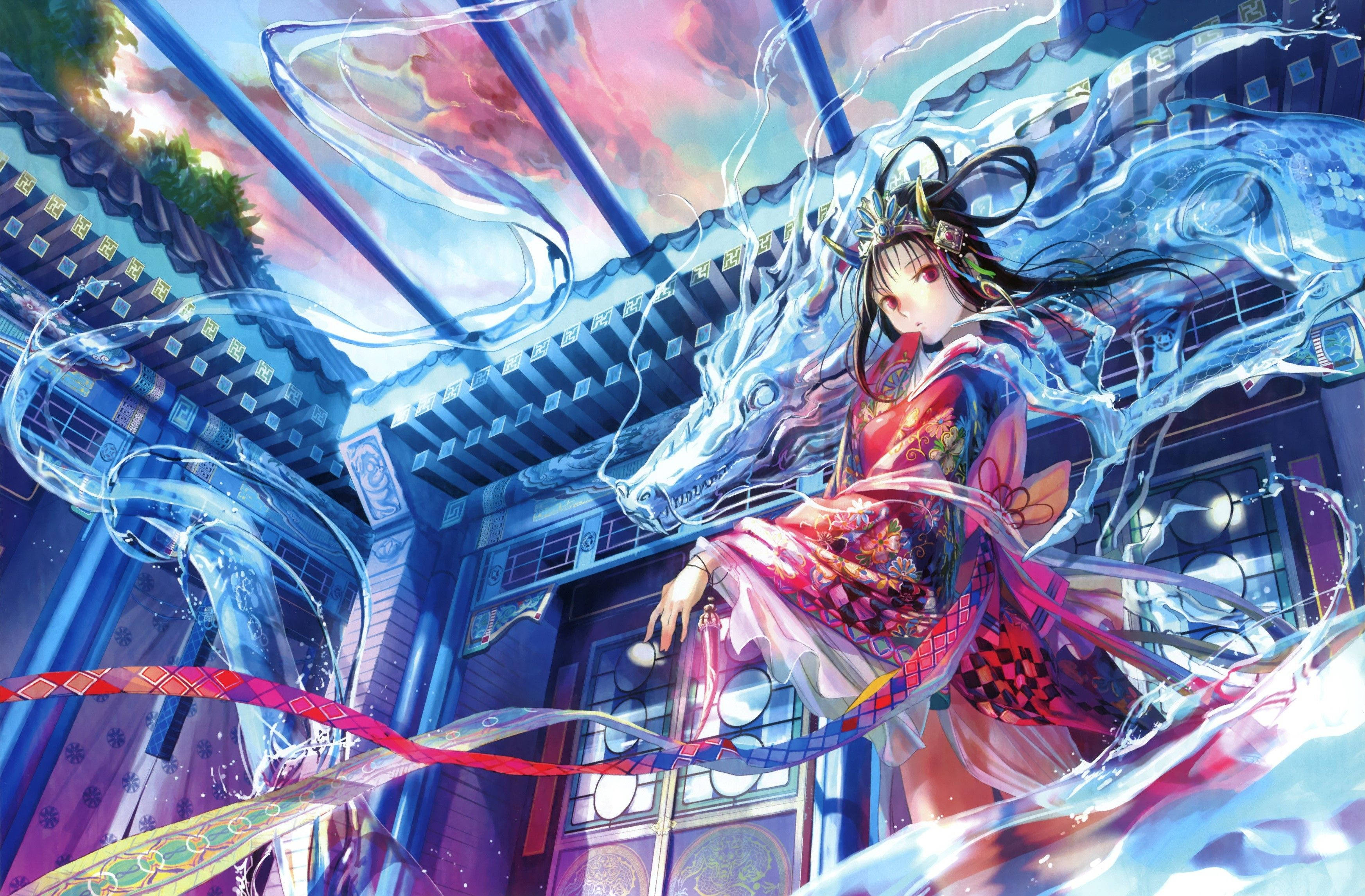 Cô gái anime và rồng Nhật Bản trên PC Hình nền