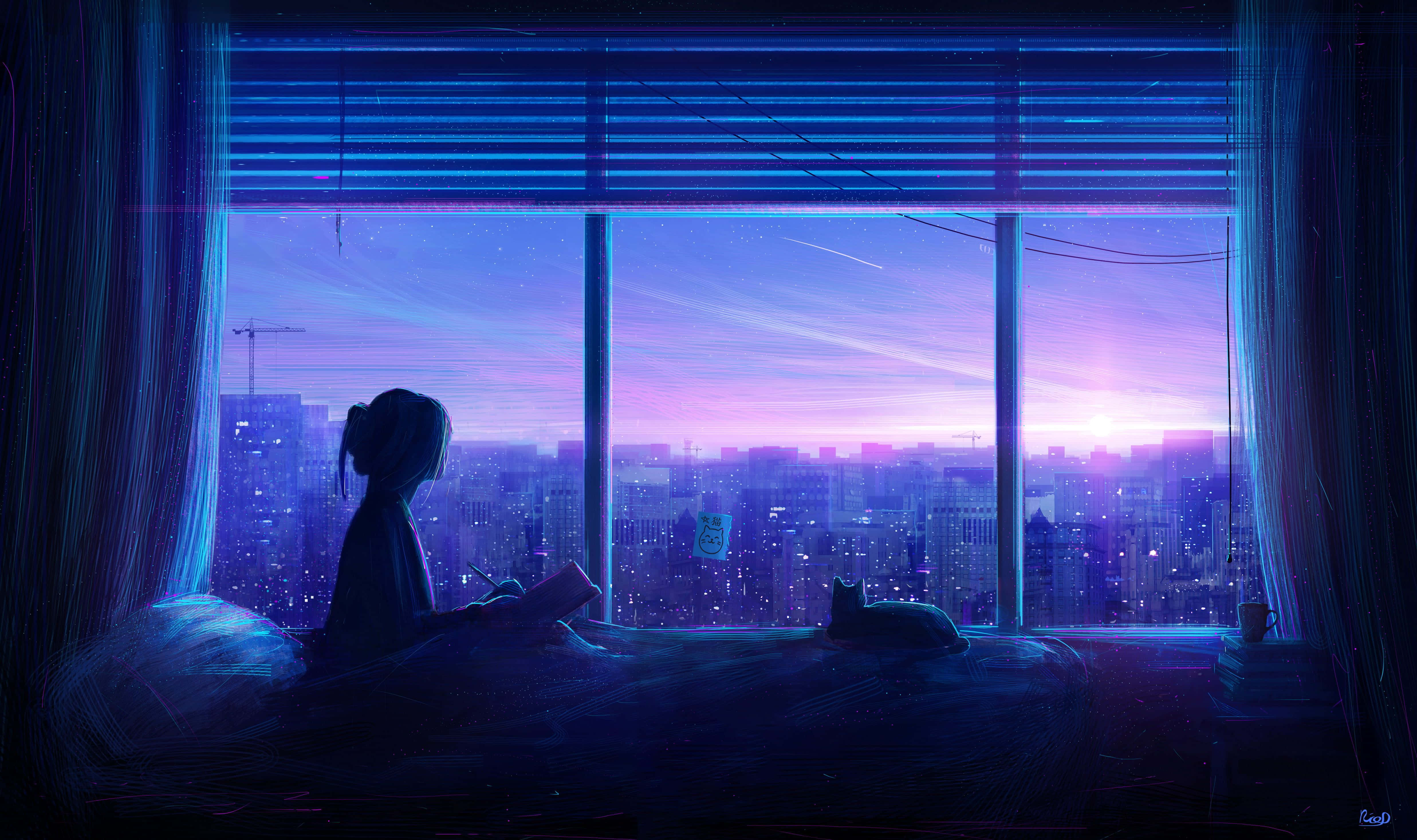 Cô Gái Anime Xanh Ngồi Bên Cửa Sổ Rộng Ngắm Hoàng Hôn Hình nền