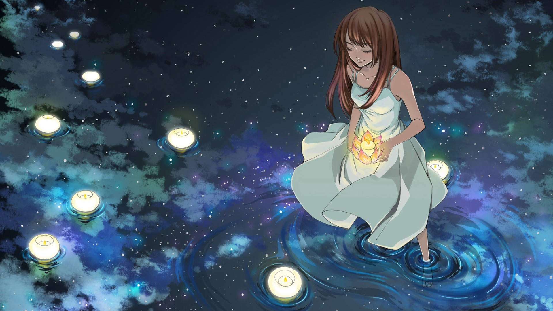 Cô gái anime xinh đẹp bên hồ Hình nền