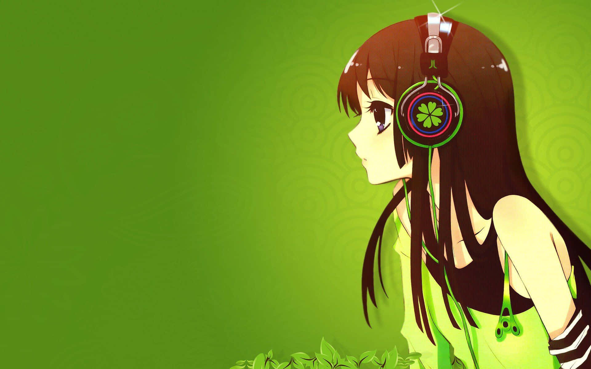 Cô gái anime xinh xắn tai nghe màu xanh lá Hình nền