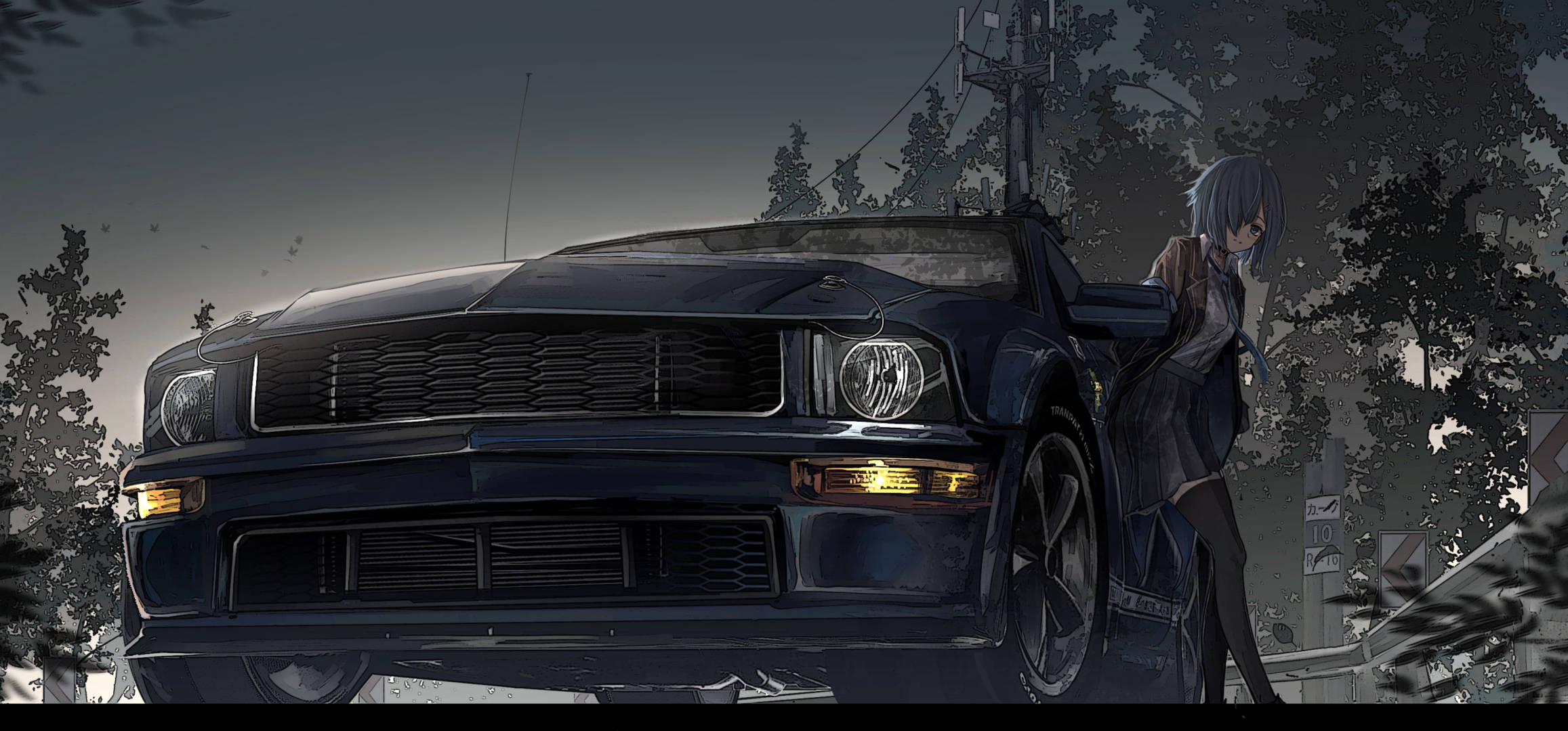 Cô gái dựa vào xe Mustang trong anime Hình nền