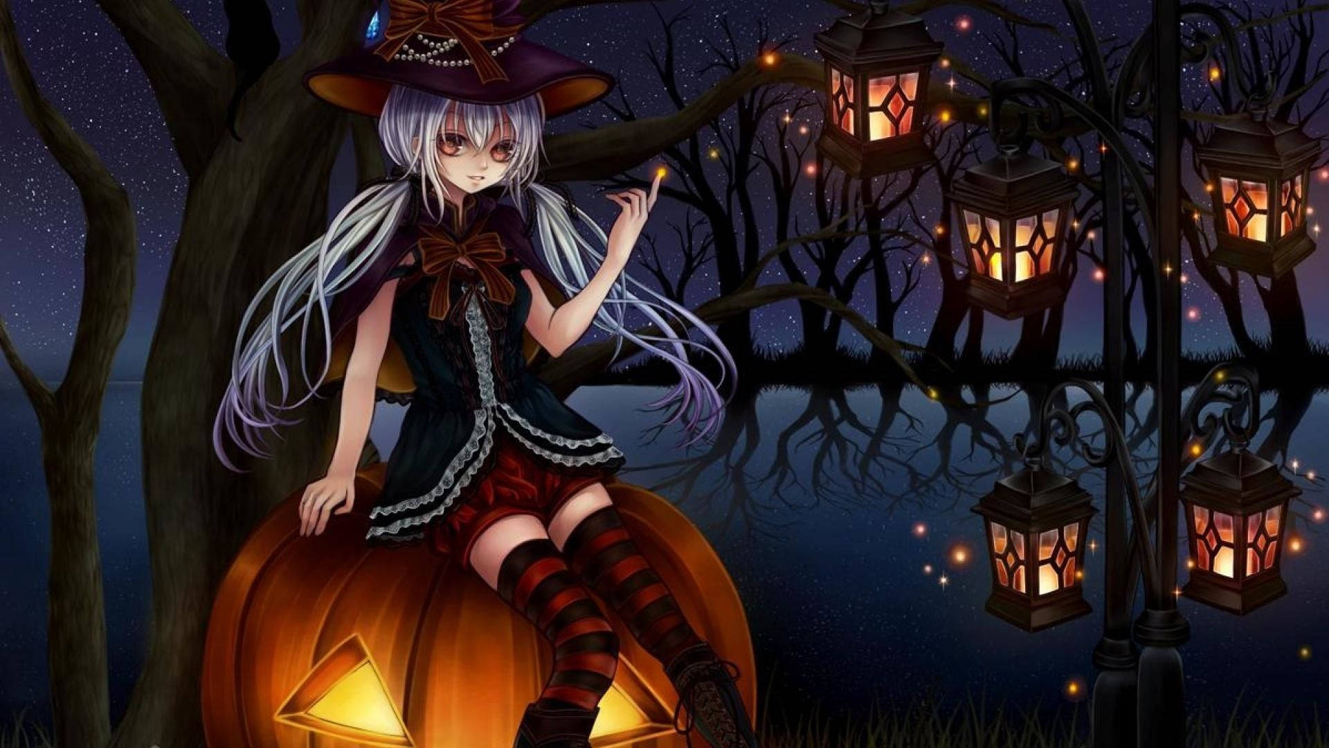 Cô gái Halloween hoạt hình ngồi trên quả bí ngô Hình nền