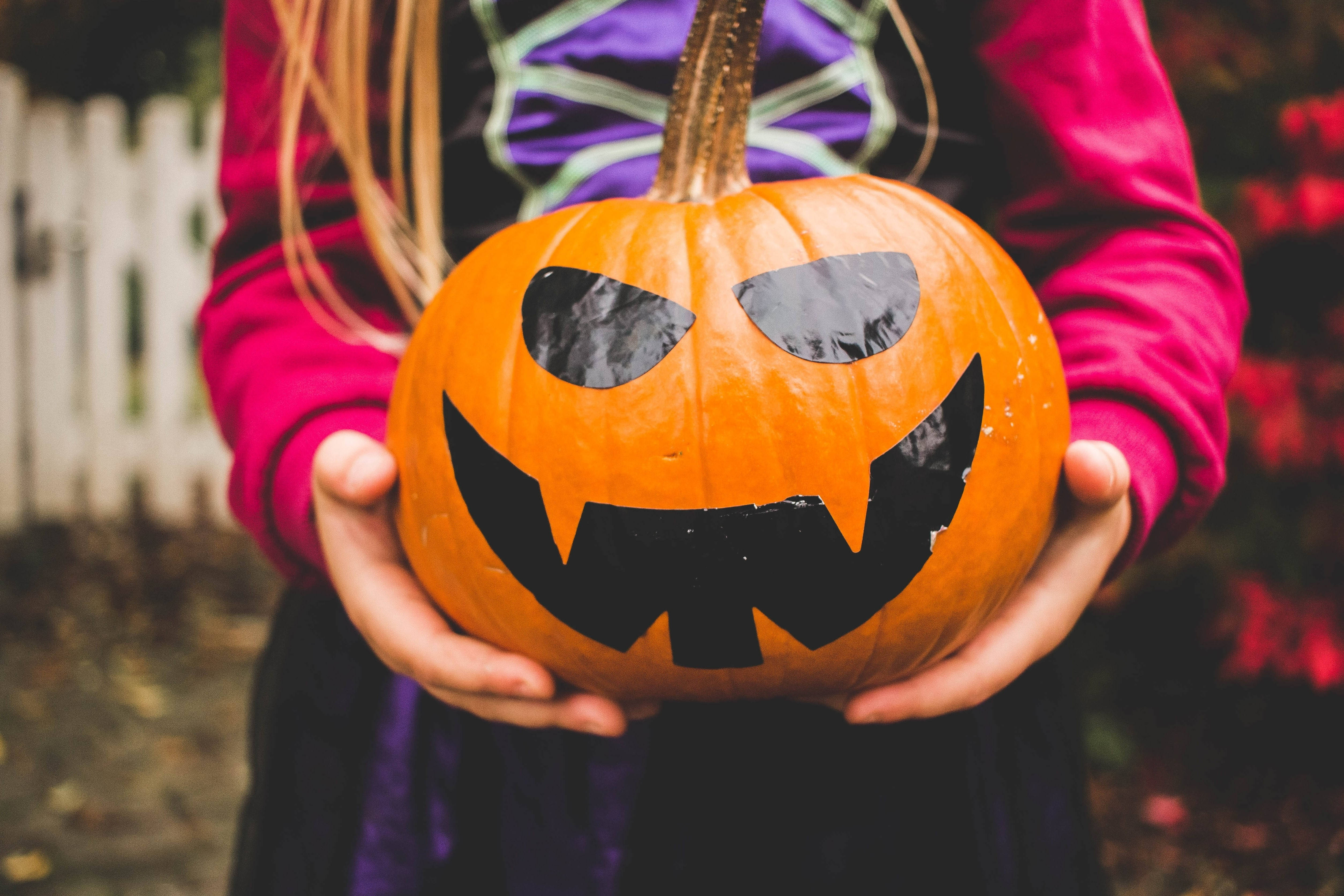 Cô gái Halloween dễ thương với quả bí ngô Hình nền