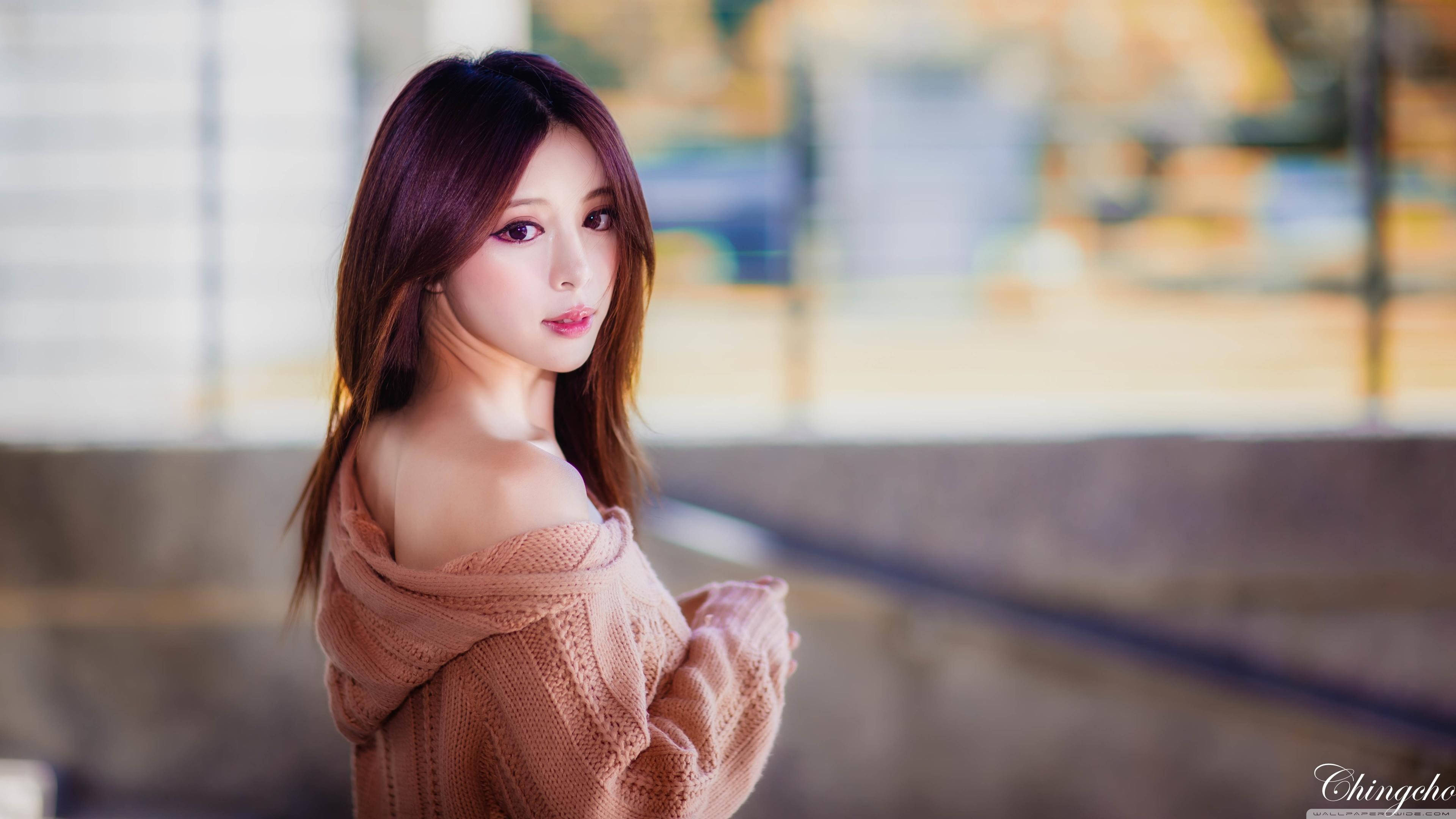 Cô gái Hàn Quốc mặc áo len đan Hình nền