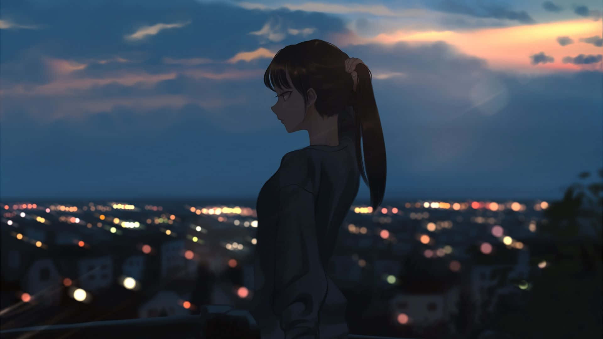 Cô gái ngắm nhìn thành phố anime về đêm Hình nền
