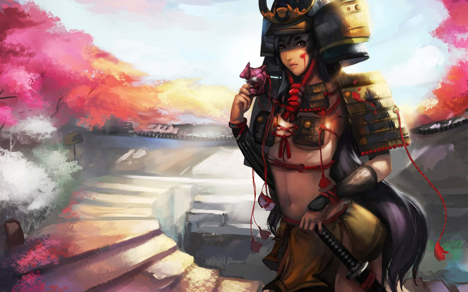 Cô gái Samurai Anime với Áo giáp và Katana Hình nền