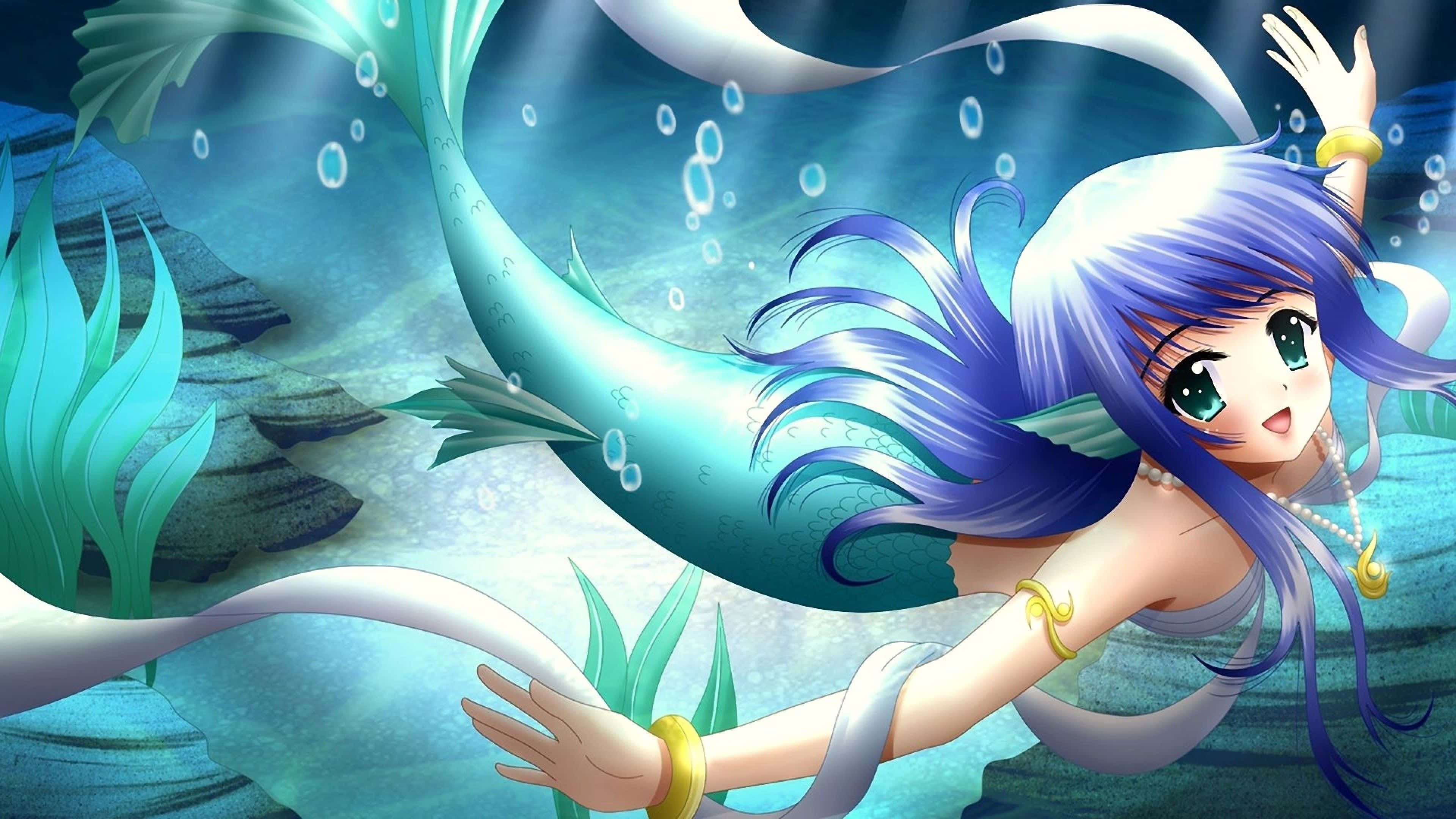 Cô Gái Tiên Cá Dễ Thương Phong Cách Anime Tóc Tím Hình nền