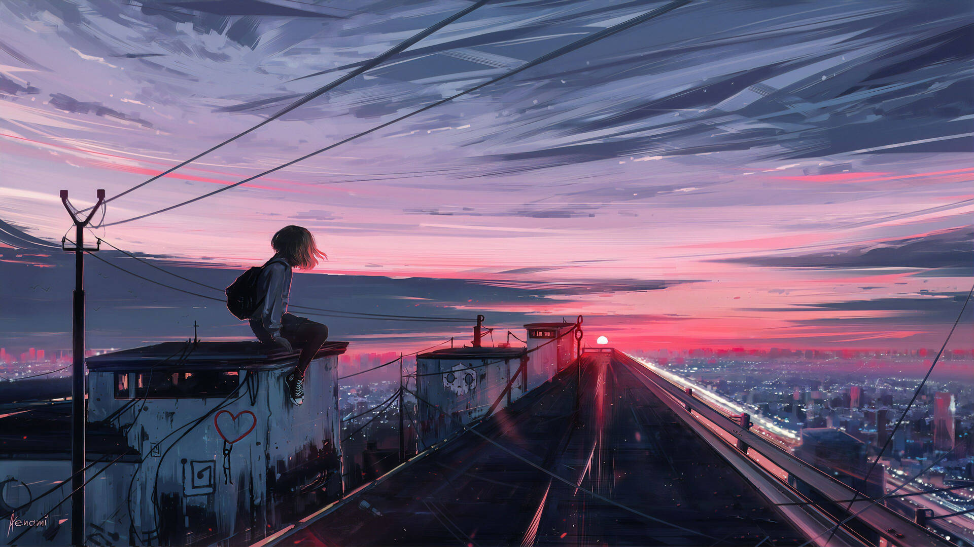 Cô Gái Trên Mái Nhà Anime Hoàng Hôn Thẩm Mỹ