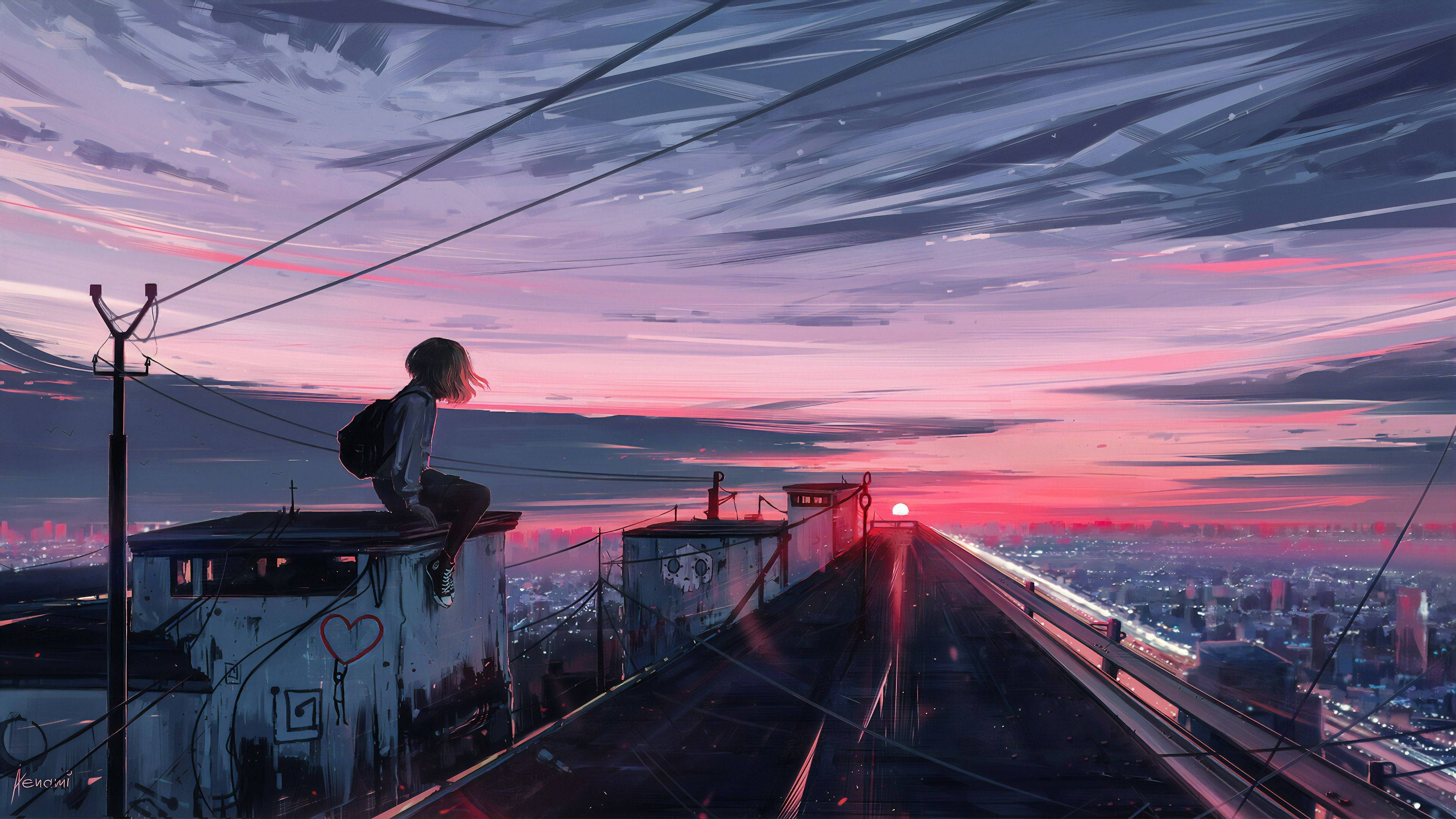 Cô Gái Trên Mái Nhà Anime Hoàng Hôn Thẩm Mỹ Hình nền