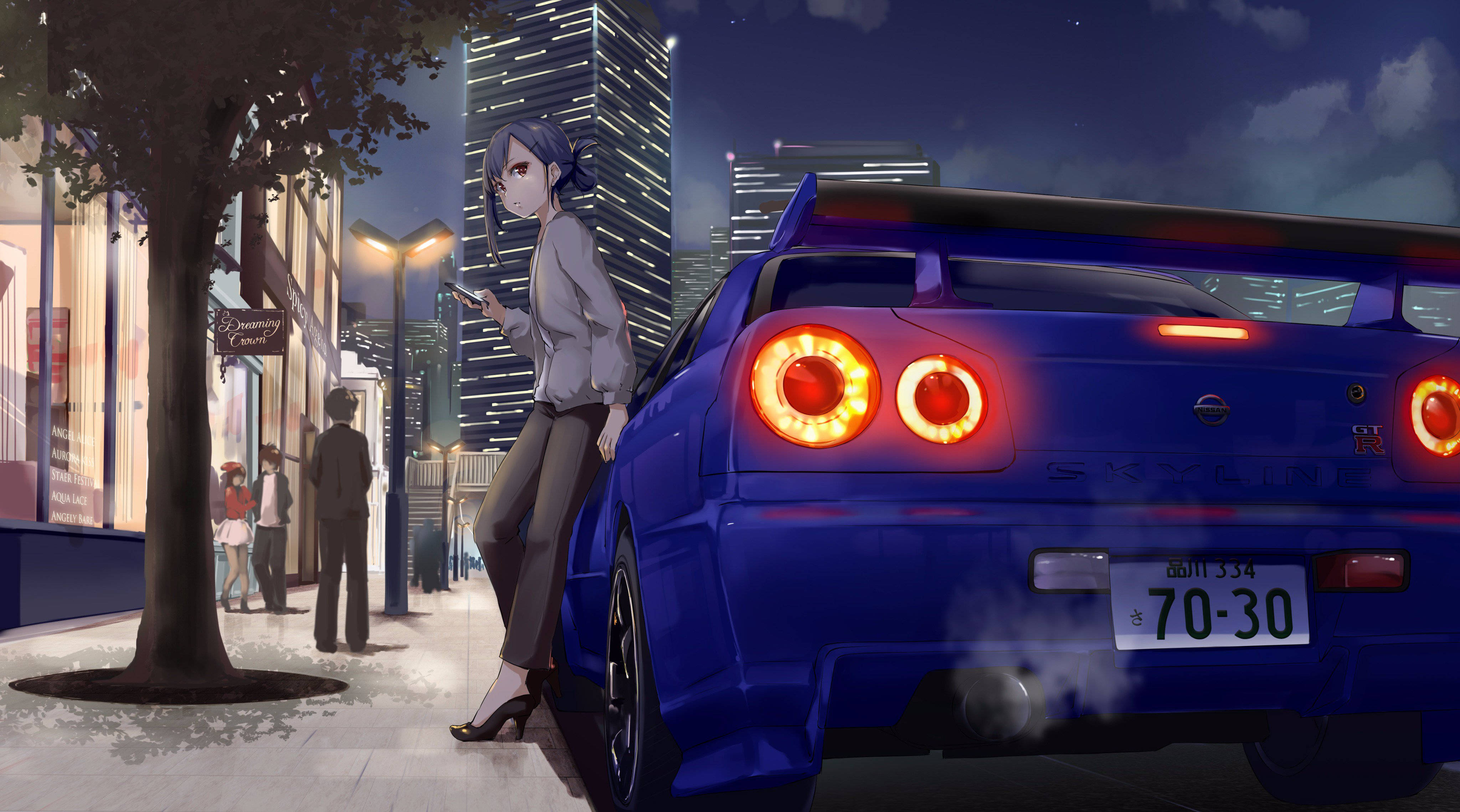 Cô Gái Tựa Vào Xe Nissan Skyline Anime Hình nền