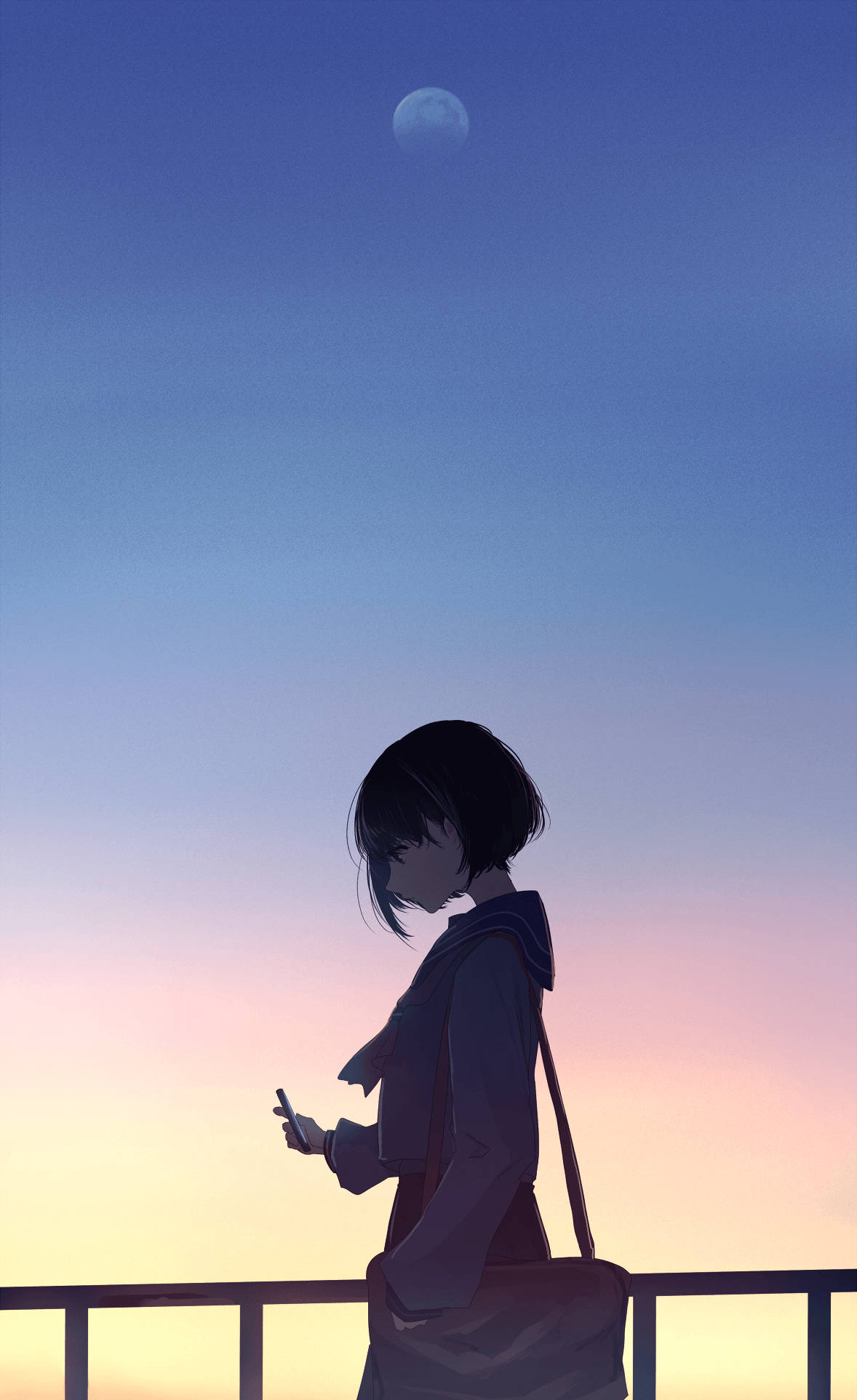 Cô gái với mặt trăng phong cách anime thẩm mỹ hoàng hôn Hình nền