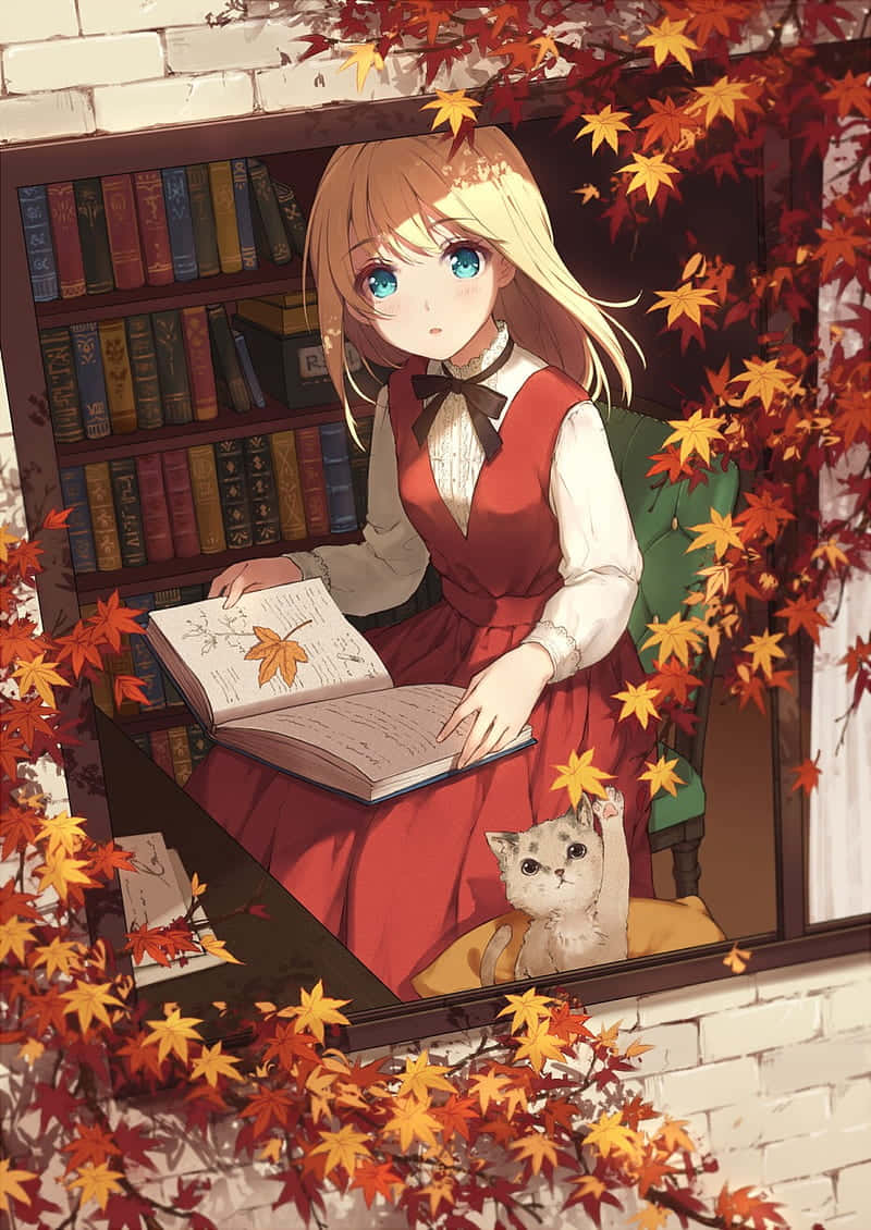 Cô Gái Với Mèo Và Lá Phong Mùa Thu Anime Hình nền