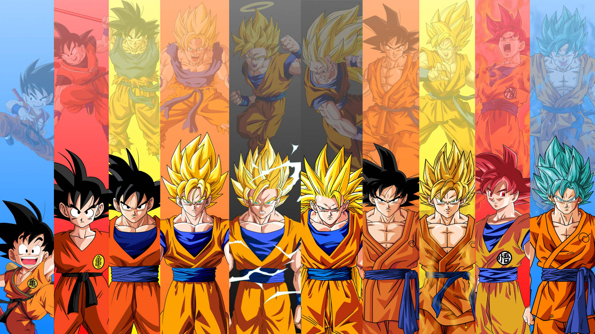 Hình nền ghép ảnh cuộc đời và các giai đoạn Saiyan của Goku.