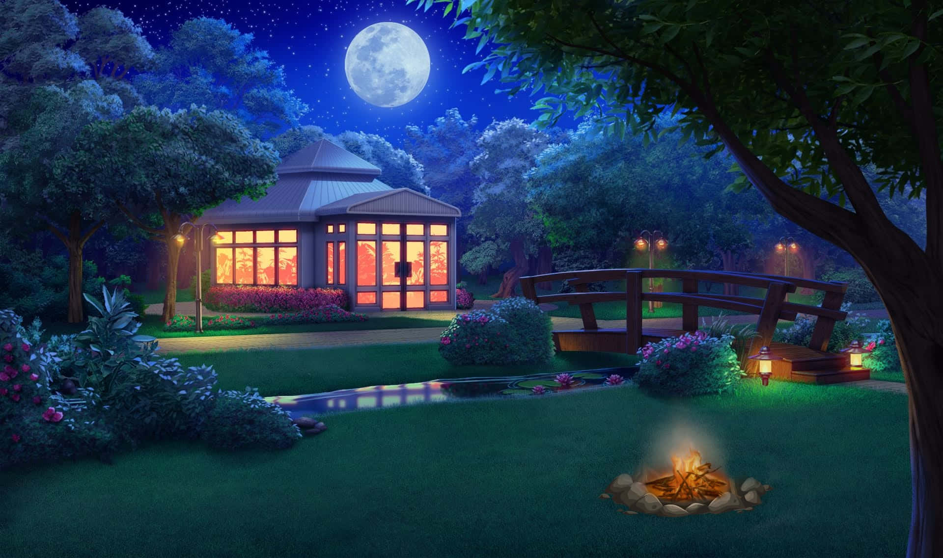Công viên với bầu trời đêm trăng sáng ngoài trời Hình nền