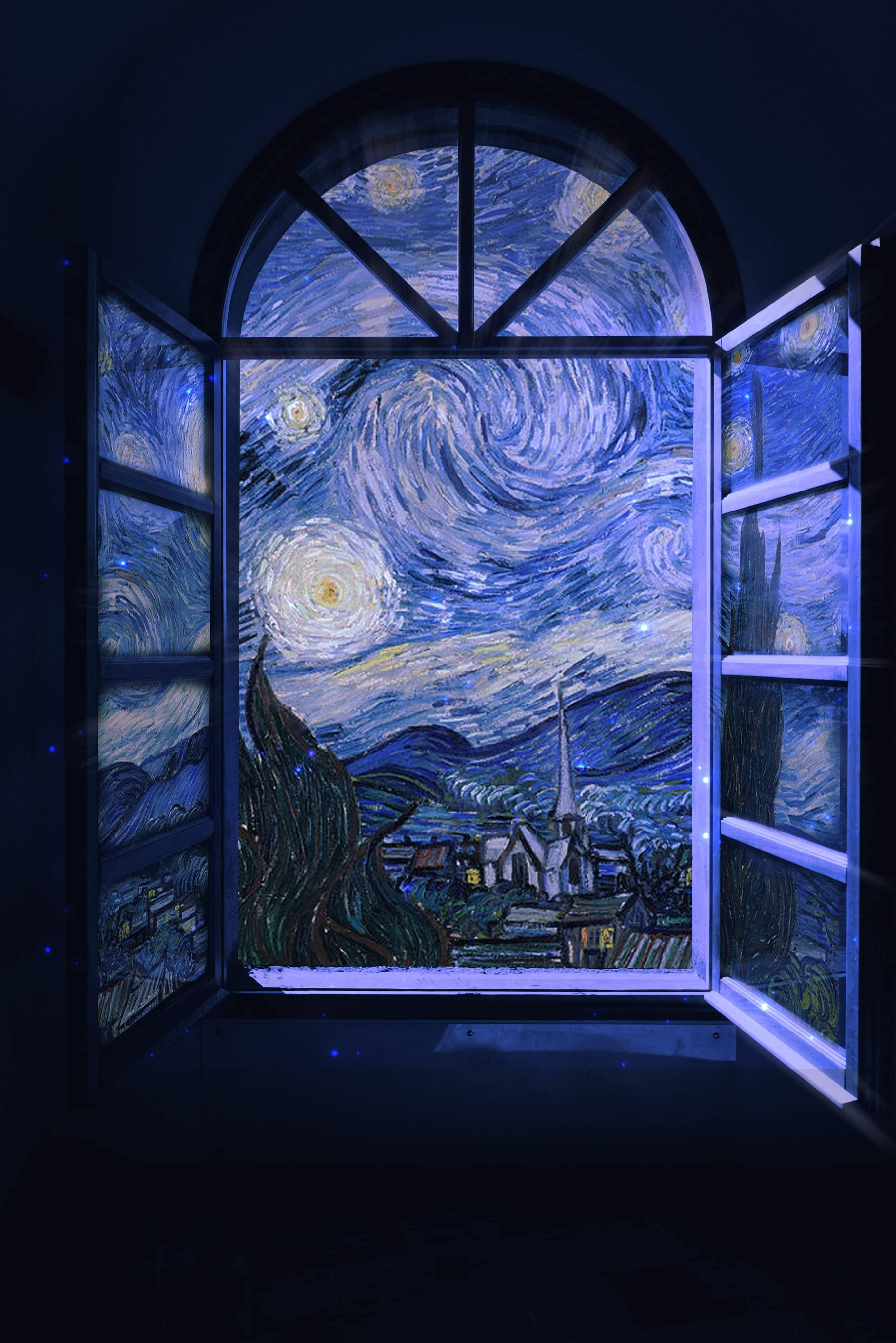 Cửa Sổ Đêm Đầy Sao Phong Cách Van Gogh Đa Phương Tiện Hình nền