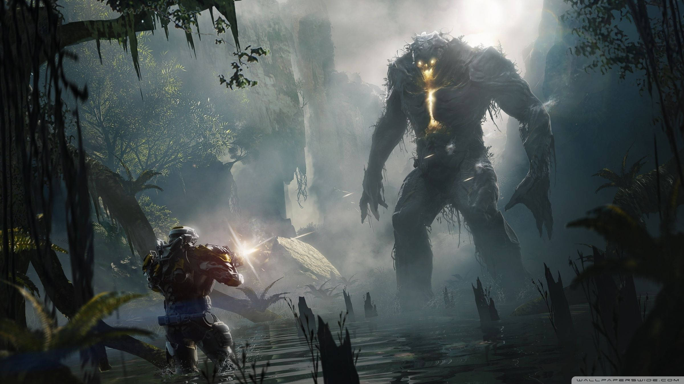 Cuộc đối đầu giữa Javelin và kẻ thù trong tựa game khoa học viễn tưởng hoành tráng, Anthem. Hình nền