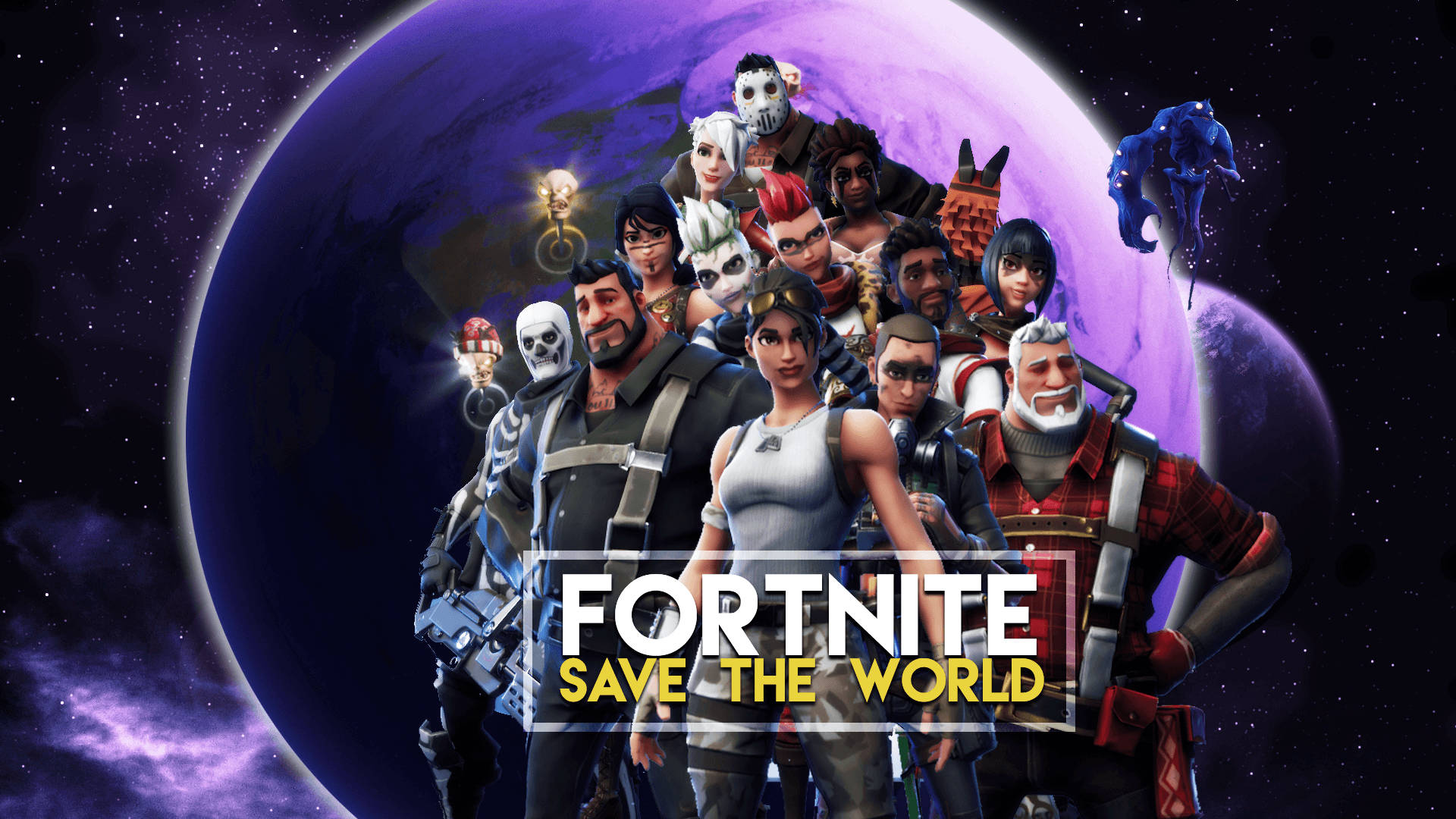 Bộ sưu tập Fortnite gồm nhiều nhân vật từ chế độ Save The World với hình nền hành tinh.