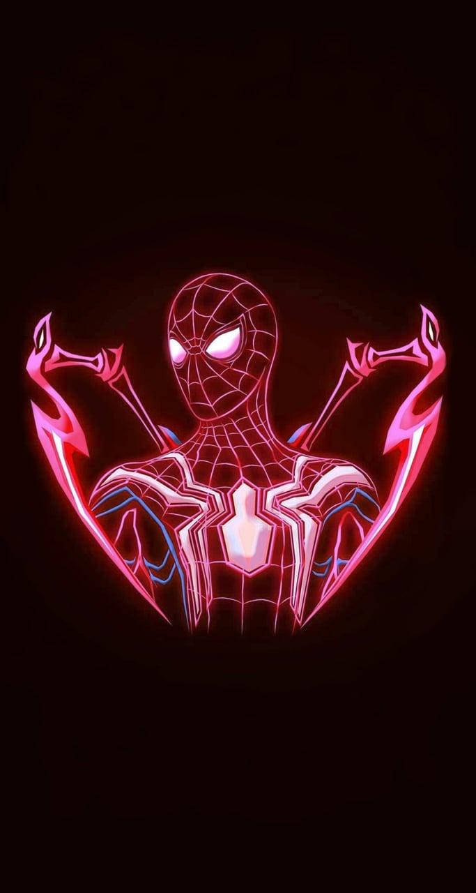 Người Nhện với ánh sáng neon hồng và đỏ phát sáng trên nền đen tối.