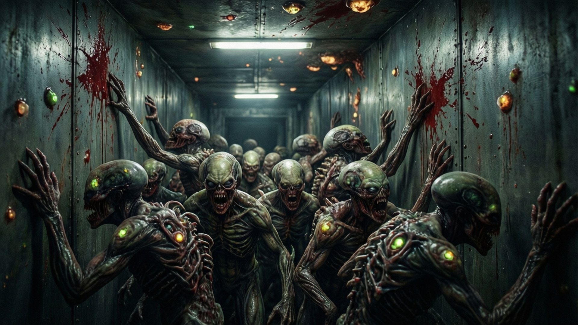 Một làn sóng necromorph đáng sợ tràn qua hành lang chật hẹp của tàu vũ trụ.